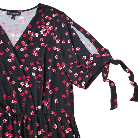 Lane Bryant Black Red Floral Faux Wrap Surplice V-Neck Split Tie Dresss 22/24 - Picture 2 of 8